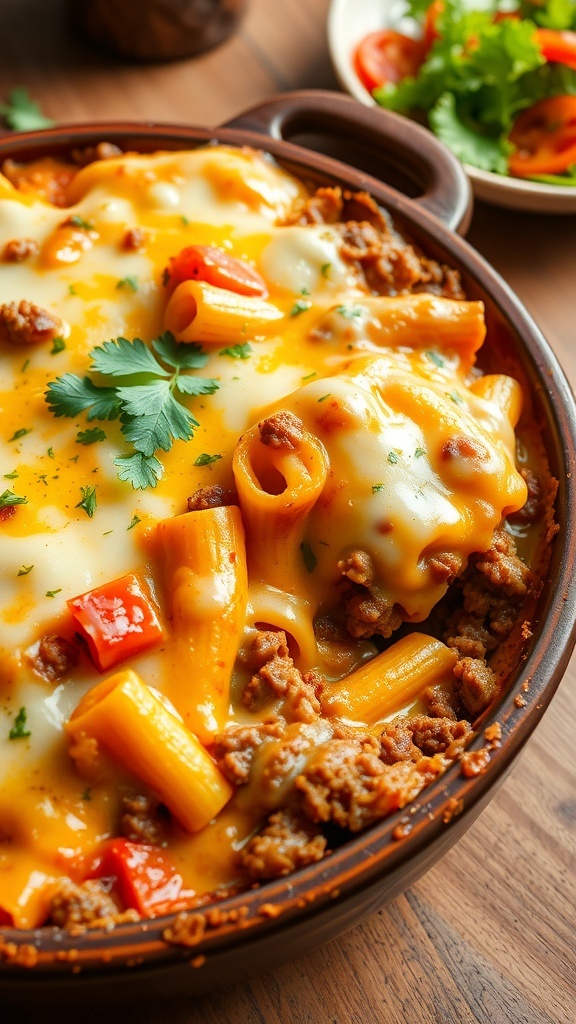 Cheesy Ground Beef Casserole Recipe Cheesy ground beef casserole with pasta and melted cheese, garnished with parsley, on a wooden table.